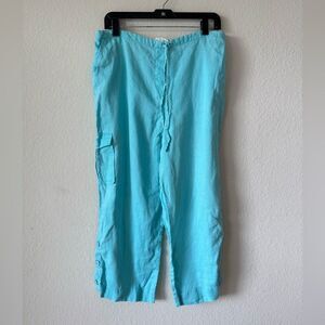 Maternity 100%‎ Linen Aqua Blue Cropped Pants Size L Elastic Waist Cargo Coastal